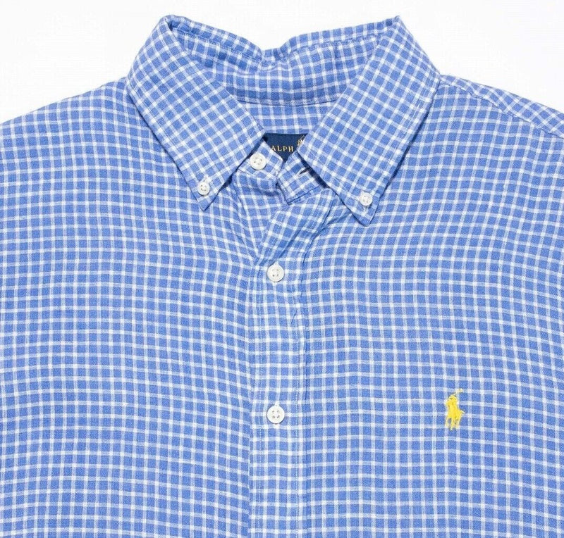 Polo Ralph Lauren Linen Shirt Medium Men's Blue Check Short Sleeve Button-Down