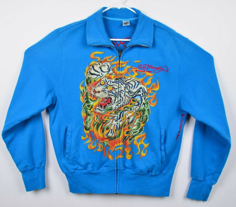 Christian Audigier Ed Hardy Men's Large Tiger Flames Blue Full Zip Sweatshirt