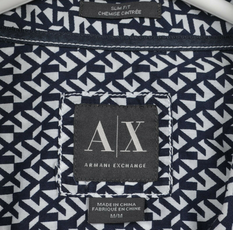 Armani Exchange A|X Men's Medium Slim Fit Navy Blue White Geometric Button Shirt