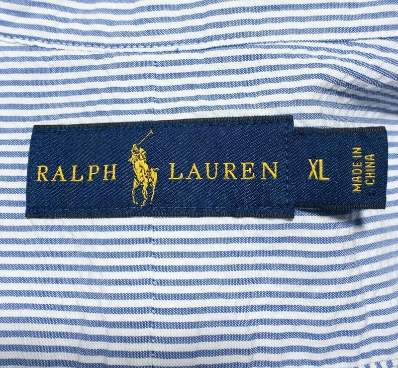 Polo Ralph Lauren Seersucker Shirt XL Men Blue Striped Preppy Summer Button-Down