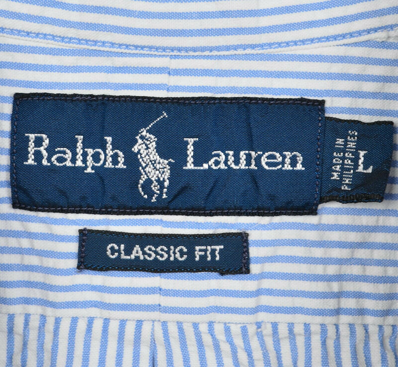 Polo Ralph Lauren Men's Large Classic Seersucker Blue Striped Button-Down Shirt