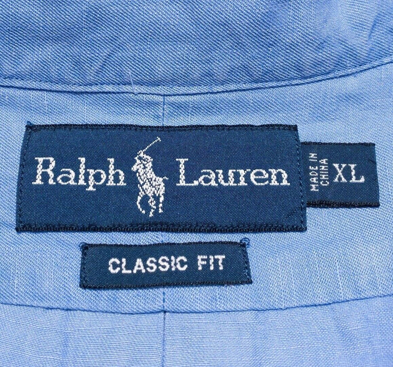 Polo Ralph Lauren Silk Linen Shirt XL Classic Fit Men's Blue Button-Down Preppy