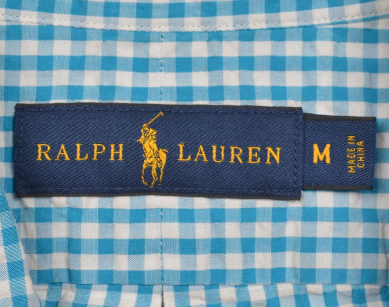 Polo Ralph Lauren Men's Medium Seersucker Aqua Blue Gingham Short Sleeve Shirt