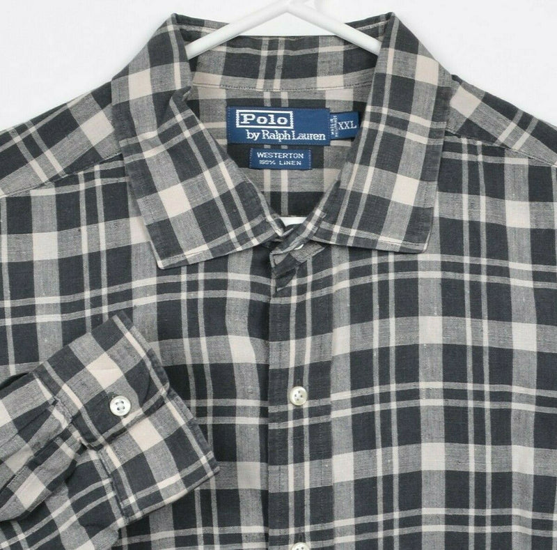 Polo Ralph Lauren Men's 2XL 100% Linen Black Plaid Westerton Button-Front Shirt