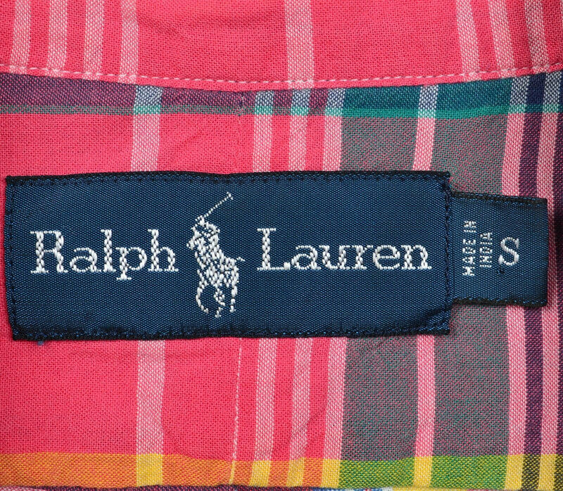 Polo Ralph Lauren Men Small Pink Colorful Plaid Indian Madras Button-Down Shirt