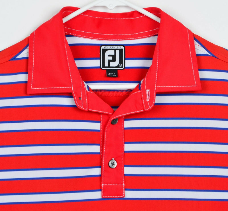 FootJoy Men's Sz Large Athletic Fit Red Blue White Striped Golf Polo Shirt