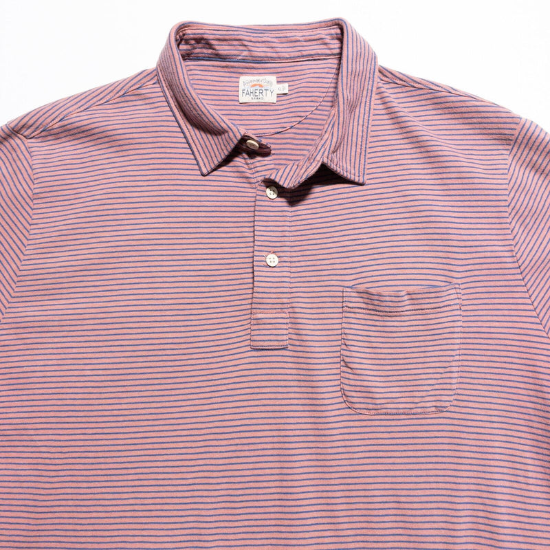 Faherty Polo Shirt Men's XL Pink Blue Striped Pocket Short Sleeve Preppy