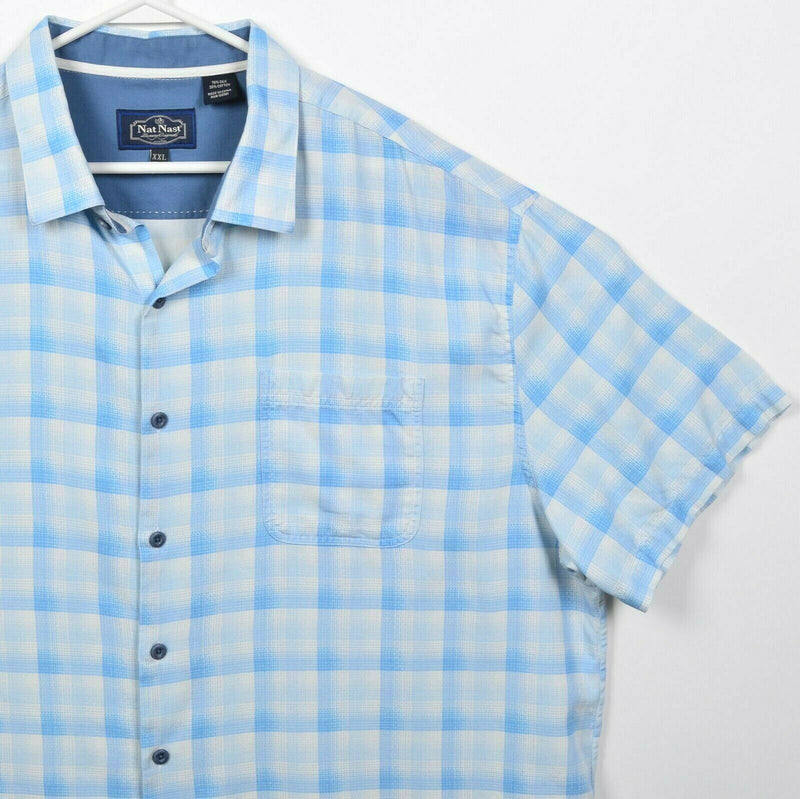 Nat Nast Men's 2XL Silk Blend Blue White Plaid Hawaiian Bowling Retro Shirt