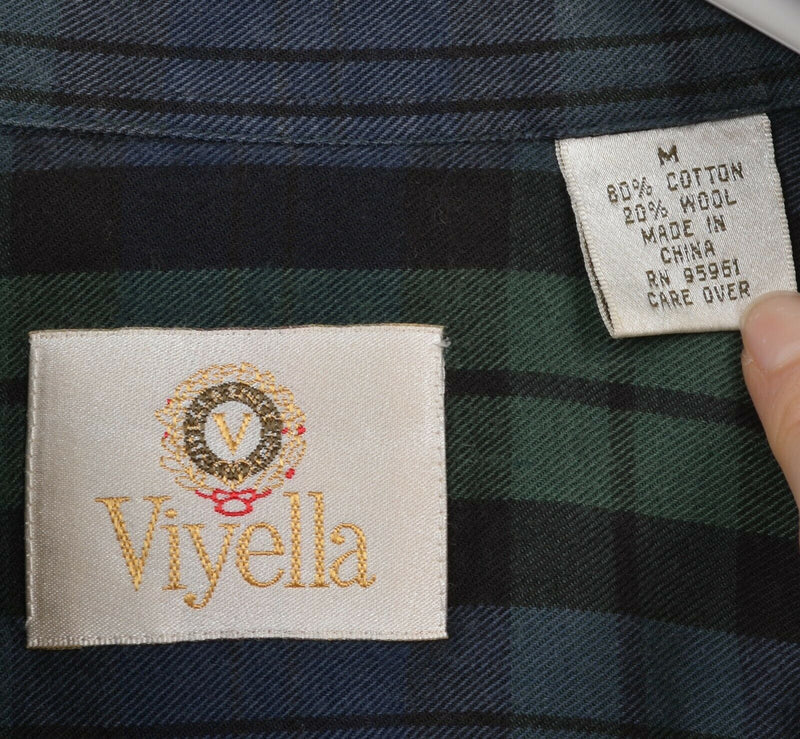 Viyella Men Medium Cotton Wool Blend Green Blue Plaid Button-Down Flannel Shirt