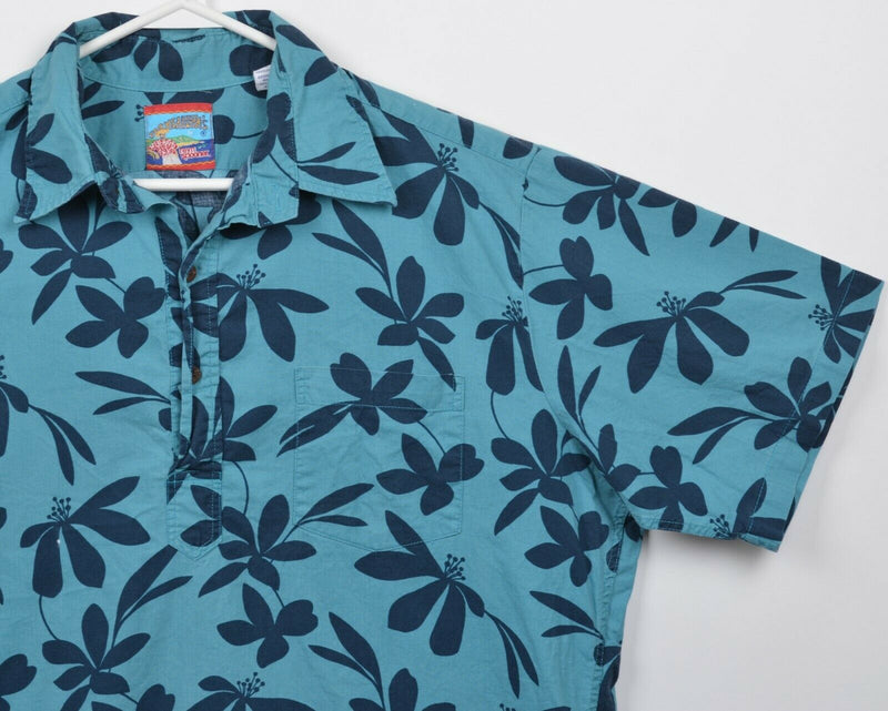Reyn Spooner Men's Large Floral Turquoise Navy Blue Hawaiian Aloha Shirt