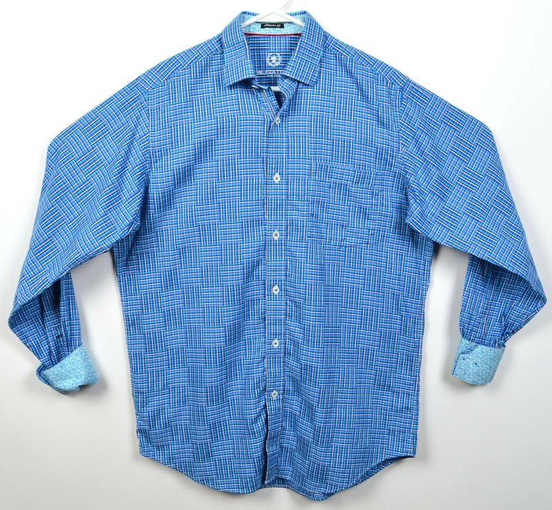 Bugatchi Uomo Men's Small Classic Fit Flip Cuff Blue Plaid Button-Front Shirt