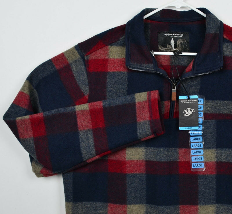 John Wayne Men's Large Wooly Fleece Navy Blue Red Plaid 1/4 Zip Pullover Top