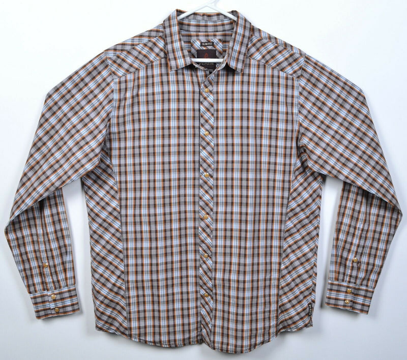 Prana Men's Large Slim Fit Pearl Snap Brown Plaid Cotton Poly Blend Wood Shirt