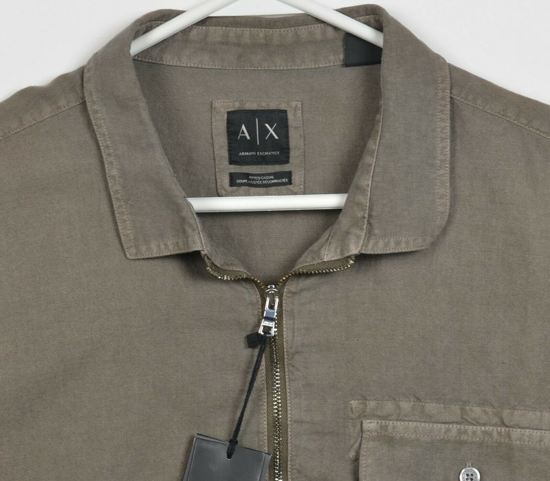 Armani Exchange Men's XL Fitted Linen Blend Olive Green 1/4 Zip Collared Shirt