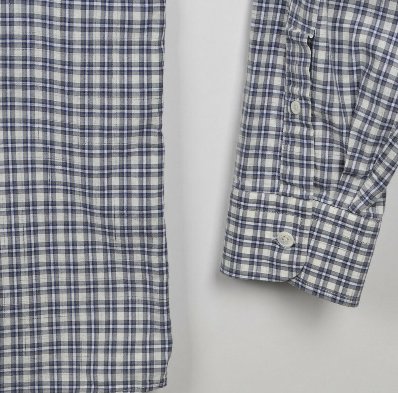Billy Reid Men's Large Standard Cut Navy Blue Gray Plaid Spread Collar Shirt