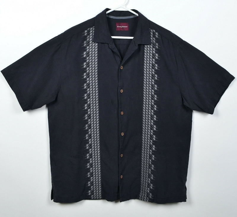 Tommy Bahama Men's Large Silk Blend Black Panel Striped Hawaiian Bowling Shirt
