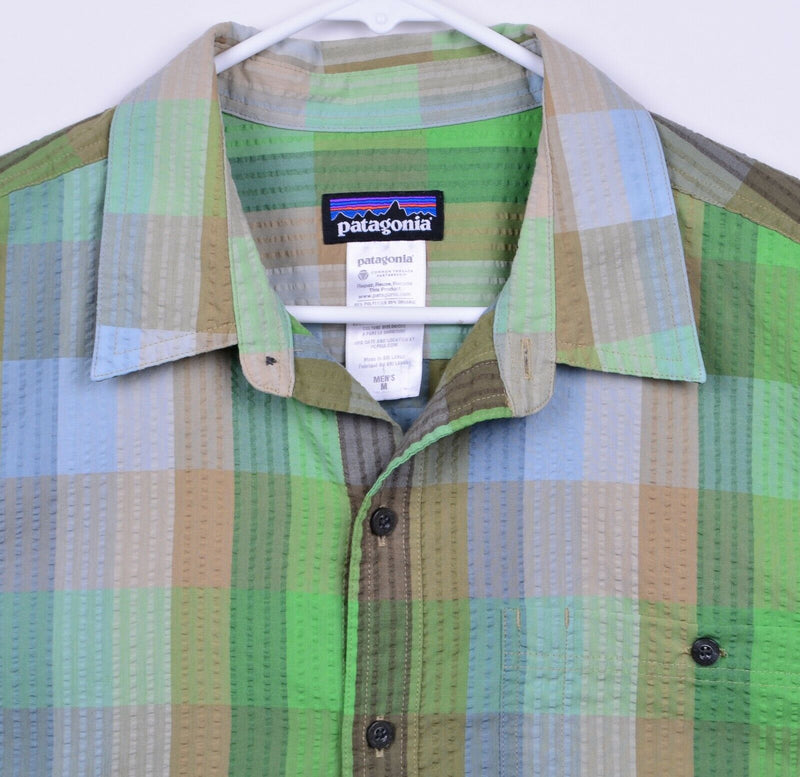 Patagonia Men's Sz Medium Seersucker Organic Cotton Poly Blend Green Plaid Shirt