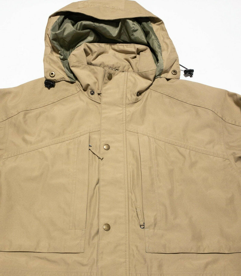 Orvis Fishing Utility Multi-Pocket Sporting Jacket Hooded Khaki Tan Men's Large