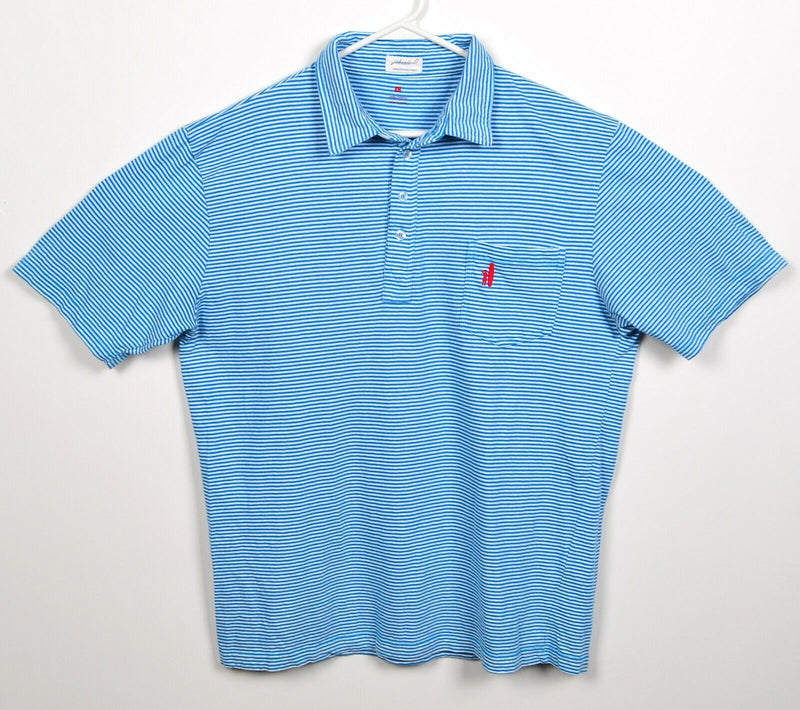 Johnnie-O Men's Large Blue White Striped Surfer Logo Preppy Pocket Polo Shirt