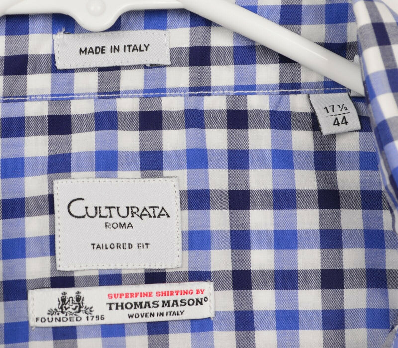 Culturata Thomas Mason Men's Sz 17.5 Tailored Fit Blue Plaid Check Dress Shirt