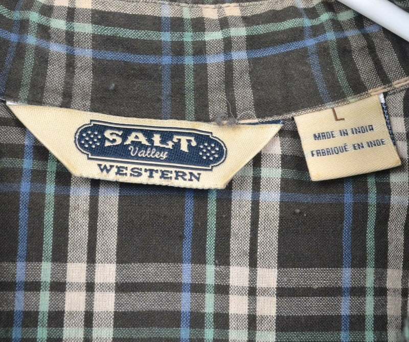 Salt Valley Western Men's Large Pearl Snap Gray Plaid Western Rockabilly Shirt