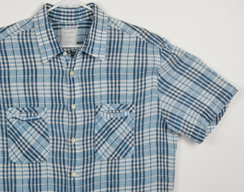 Billy Reid Men's Sz XL Standard Cut 100% Linen Blue Plaid Short Sleeve Shirt