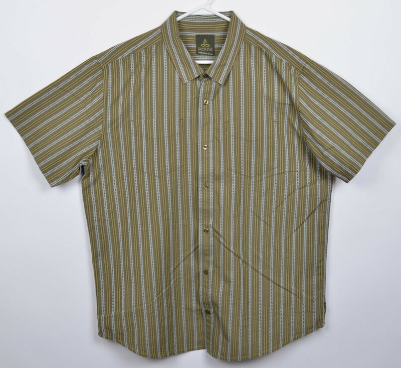 Prana Men's XL Green Striped Organic Cotton Polyester Short Sleeve Button Shirt