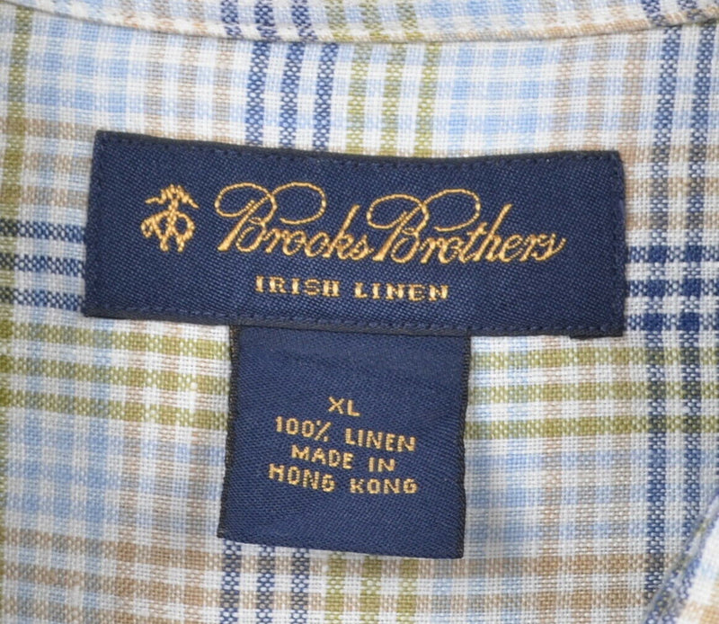Brooks Brothers Men's Sz XL 100% Irish Linen Blue Green Plaid Check Shirt