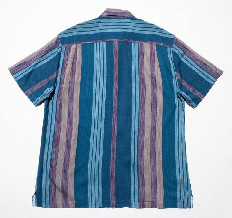 Tommy Bahama Silk Shirt Large Men's Hawaiian Multi-Color Striped Blue Purple