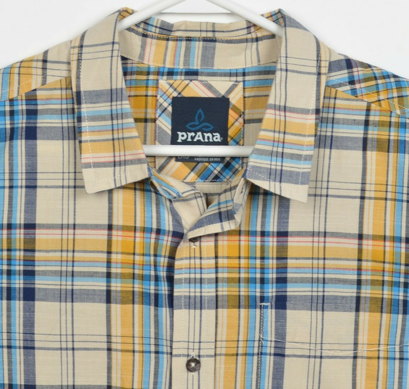 Prana Men's Large Yellow Blue Plaid Organic Cotton Poly Blend Button-Front Shirt