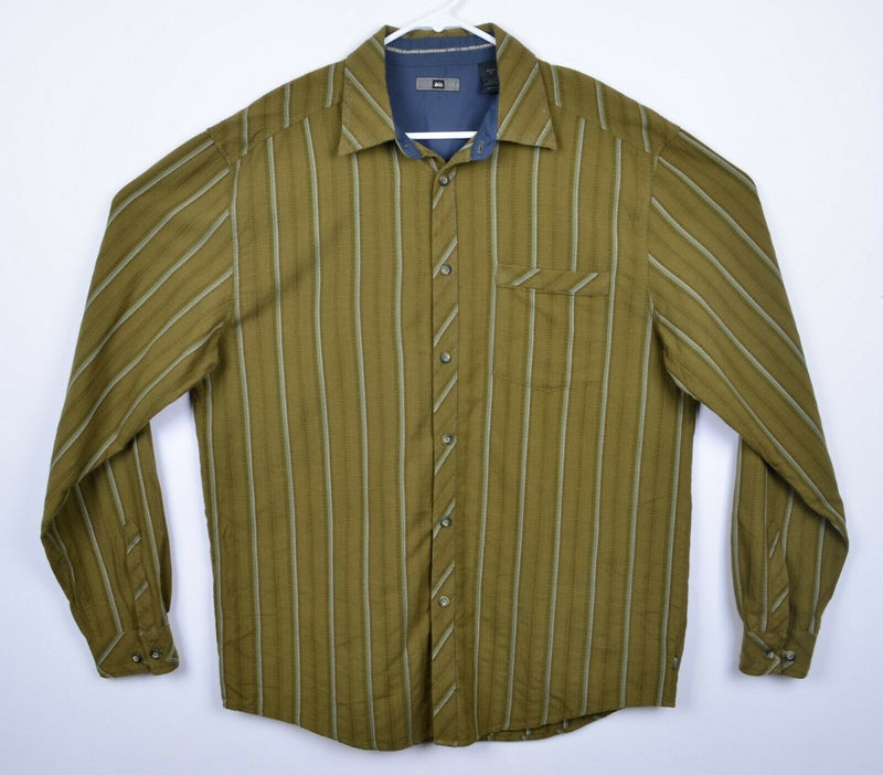 REI Men's Sz Medium Cotton Bamboo Rayon Blend Olive Green Striped Hiking Shirt