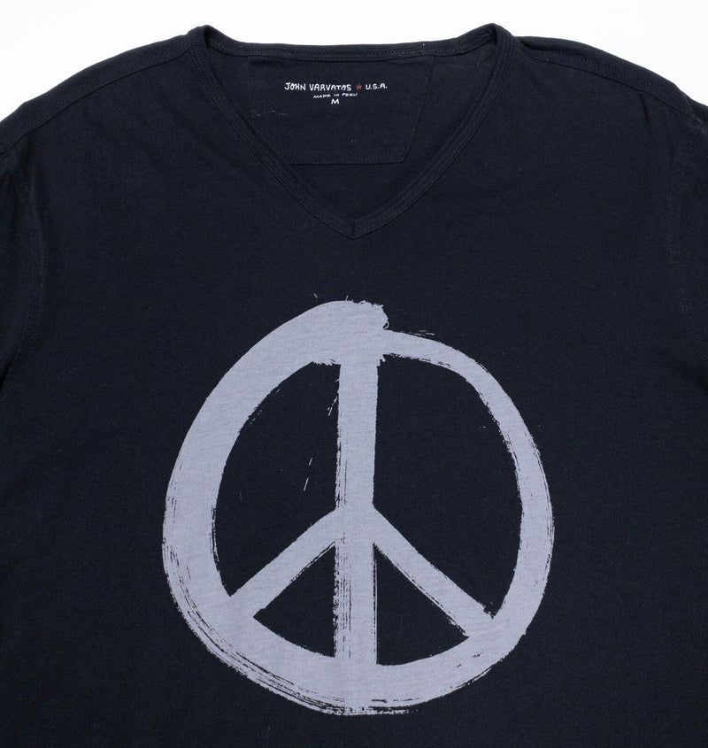 John Varvatos Peace Sign T-Shirt Men's Medium V-Neck Solid Black Graphic USA