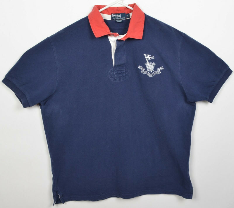 Polo Ralph Lauren Men's XL Embroidered HMS Crown Flag Navy Blue Rugby Shirt