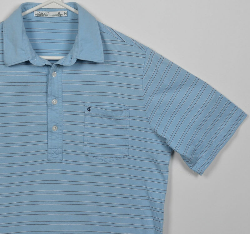 Criquet Men's Medium Blue Striped Golf Casual Short Sleeve Pocket Polo Shirt