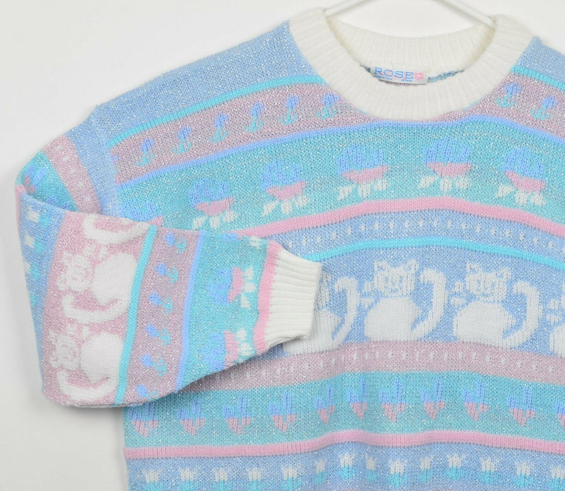 Vintage 80s Rose Women's XL? Pastel Sparkle Fairy Kei Kawaii Cat Sweater