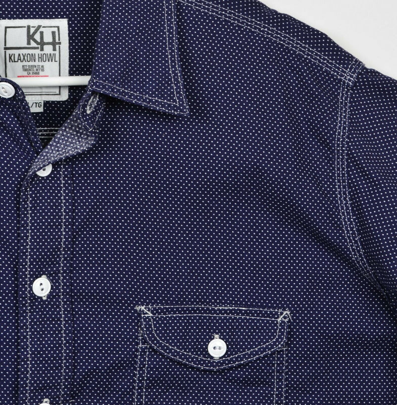 Klaxon Howl Men's Sz XL Navy Blue Polka Dot Long Sleeve Made in Canada Shirt