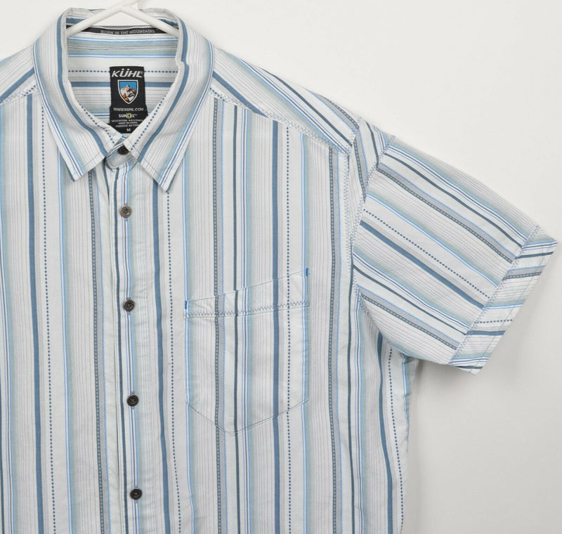 Kuhl Suncel Men's Medium White Blue Striped Hiking Outdoor Button-Front Shirt