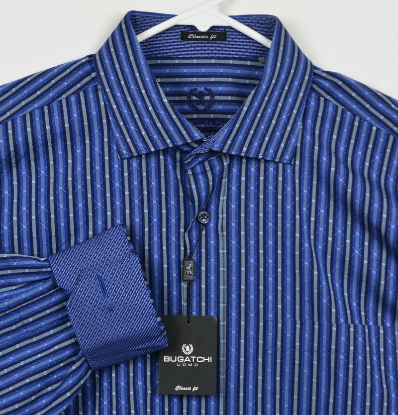 Bugatchi Uomo Men's Sz Large Classic Fit Flip Cuff Blue Striped Geometric Shirt