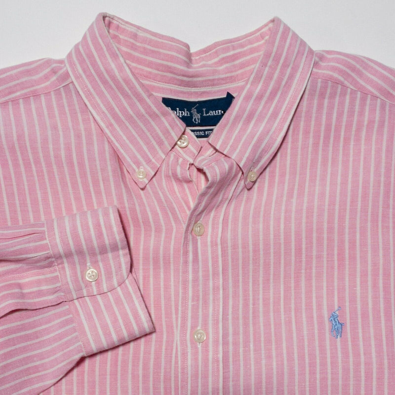 Polo Ralph Lauren 100% Linen Pink Striped Button-Down Shirt Men 2XL Classic Fit