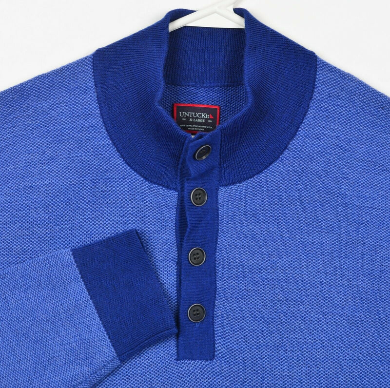 UNTUCKit Men's XL 100% Merino Blue Henley Collar Pullover Sweater
