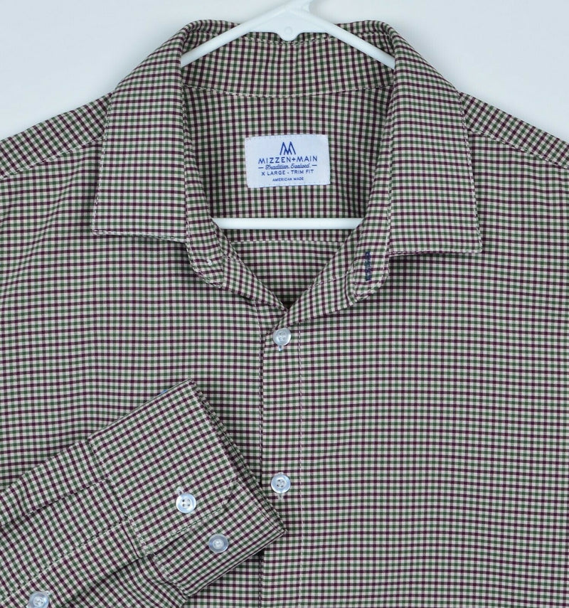 Mizzen+Main Men's XL Trim Fit Green Maroon Plaid Check Performance Dress Shirt