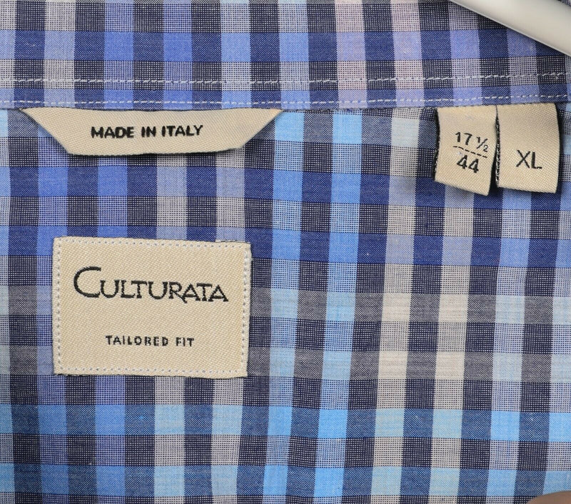 Culturata Men's 17.5/44 Tailored Fit Blue Purple Check Italian Dress Shirt