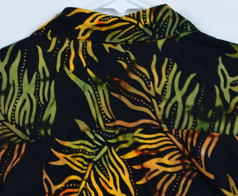 Orvis Men's Sz Medium Floral Palm Leaves Black Green Yellow Hawaiian Camp Shirt