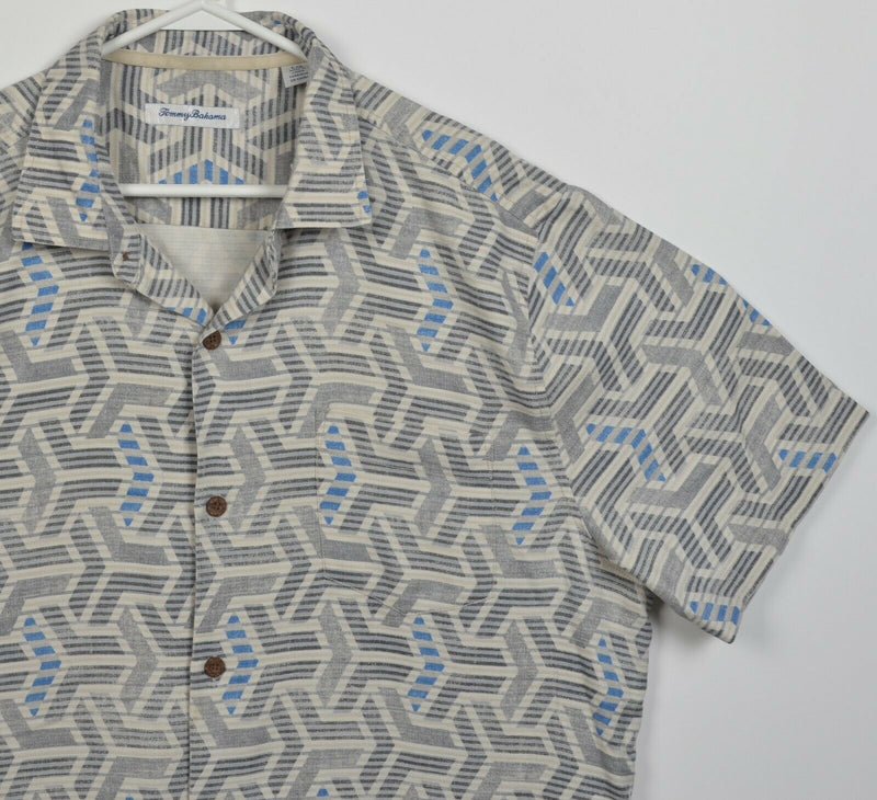 Tommy Bahama Men's Large Gray Geometric Stripes Silk Blend Hawaiian Shirt