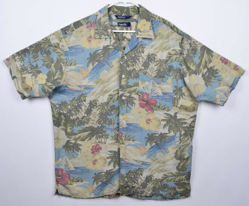 Vtg Nautica Men's Sz Large Linen Rayon Blend Floral Sailboat Hawaiian Camp Shirt