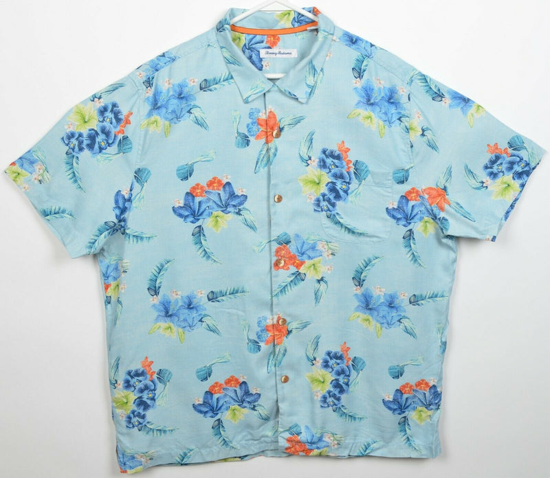 Tommy Bahama Men's XL 100% Silk Light Blue Floral Hawaiian Aloha Camp Shirt