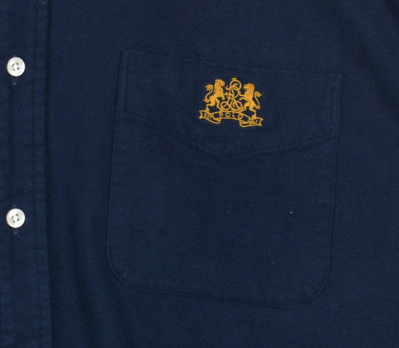 Vintage 90s Polo Ralph Lauren Men's Large Lion Crest Navy Blue Flannel Shirt