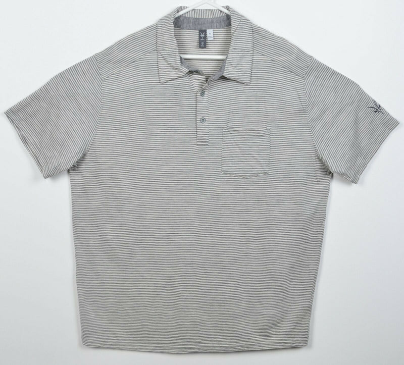 Ibex Men's XL Merino Wool Gray Striped Hiking Outdoor Polo Shirt HOLES