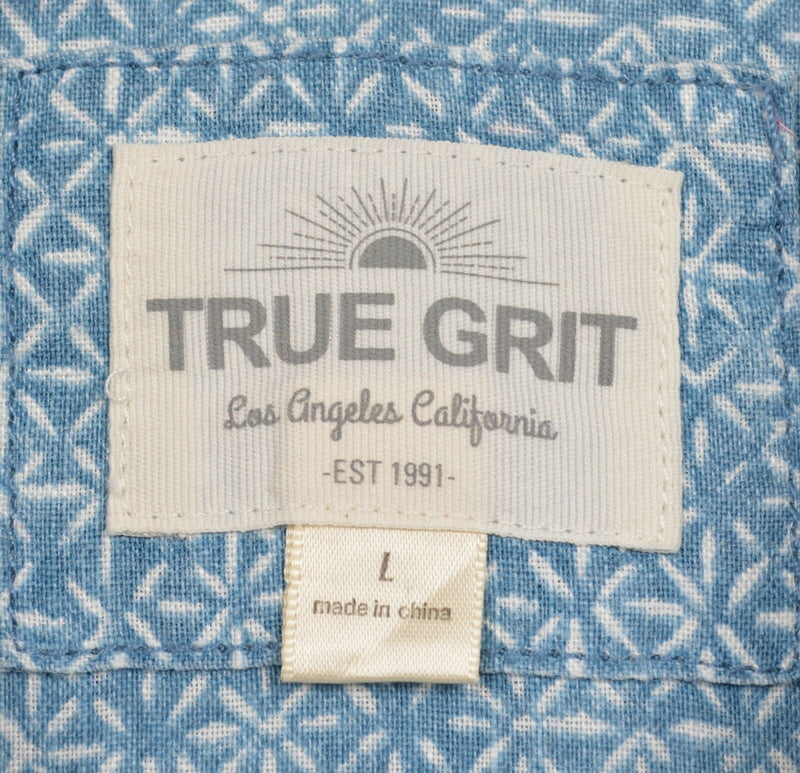 True Grit Men's Sz Large 100% Linen Blue White Geometric Hawaiian Lounge Shirt
