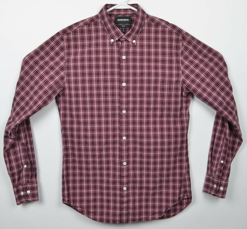 Bonobos Men's Medium Slim Fit Maroon Red Pink Plaid Casual Button-Down Shirt